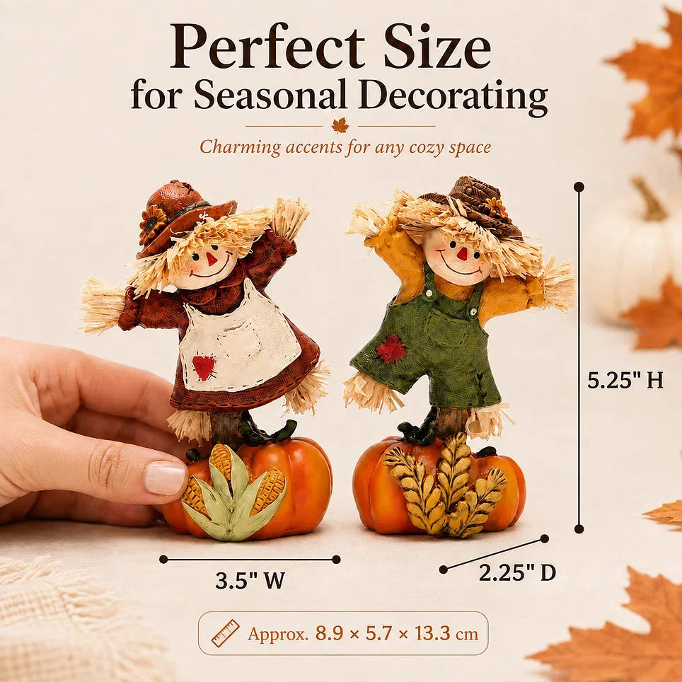 Hodao Set of 2 Fall Harvest Scarecrow Figurines, Resin Thanksgiving Pumpkin Decor, Hand-Painted Dancing Farmer Couple Statue with Cute Sunflower Accents, Fall Collectible Ornament, Seasonal Holiday Gift for Indoor, Patio, and