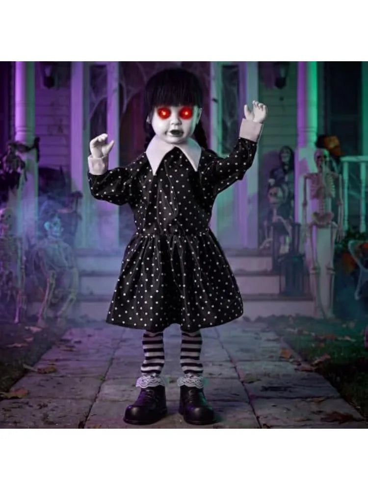 31.5" Halloween Animatronic Decorations Outdoor Ghost Doll Sound Activated Spooky Girl Prop with Glowing LED Eyes Creepy Sounds, Scary Haunted House Props for Garden Yard Lawn