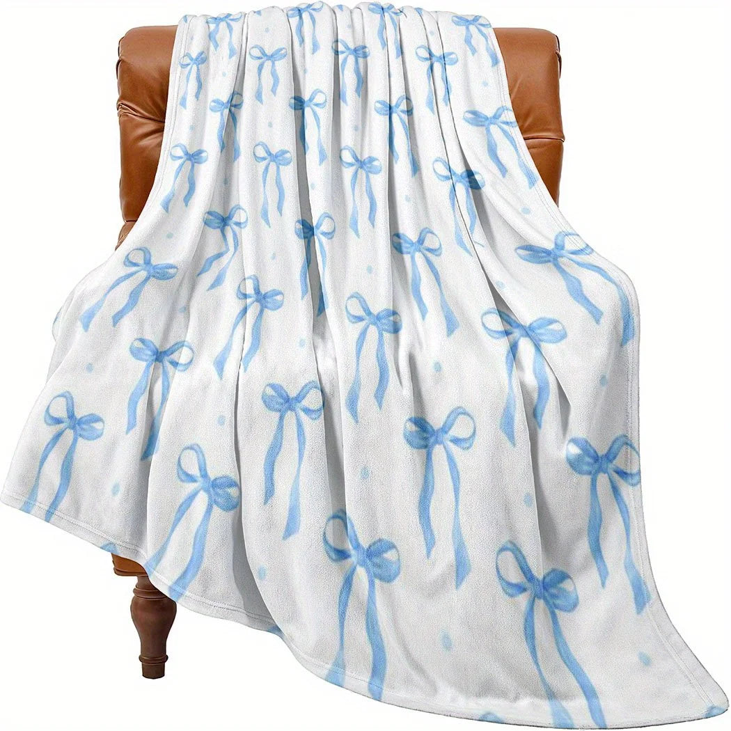 1pc Flannel Blanket, Blue Bow Pattern - Exquisite Design, Suitable for All Seasons for Naps, Office, Sofa, Car - Excellent Gift Choice, Durable Edges, Fun Shape, Small Throw Blanket