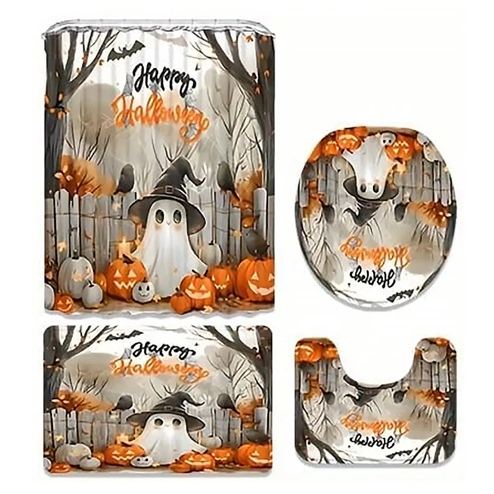 Cute Cartoon Ghost Shower Curtain Set Halloween Shower Curtain Washable Bathtub Curtain Polyester Fabric Spooky Bathroom Curtain