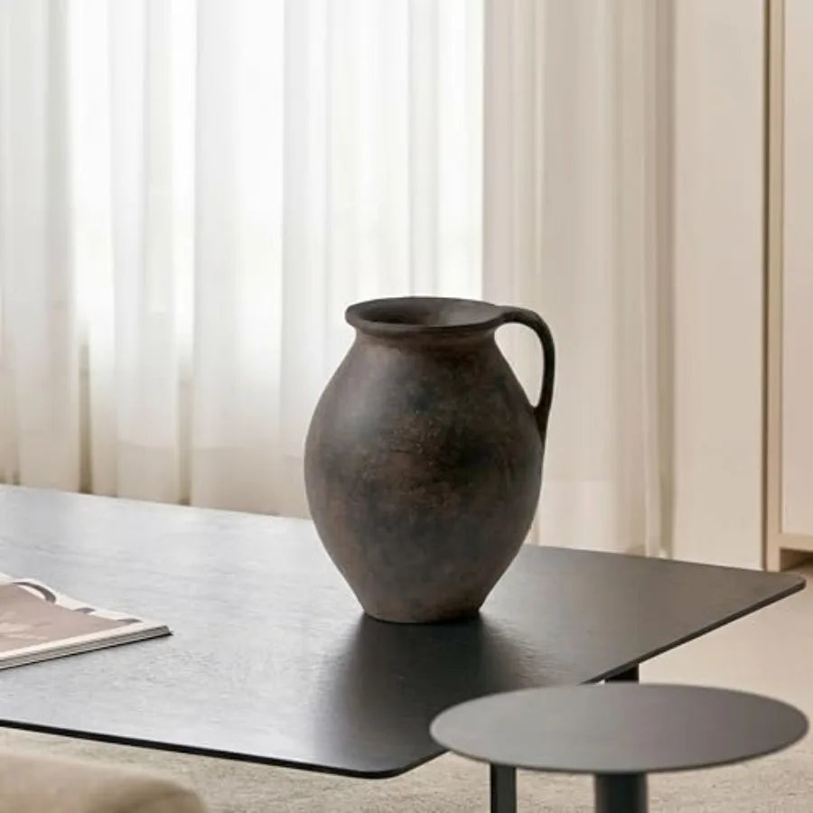Brown ceramic large vase for home decor 11.2 tall Zen style terra cotta texture distressed farmhouse finish decorative flower c