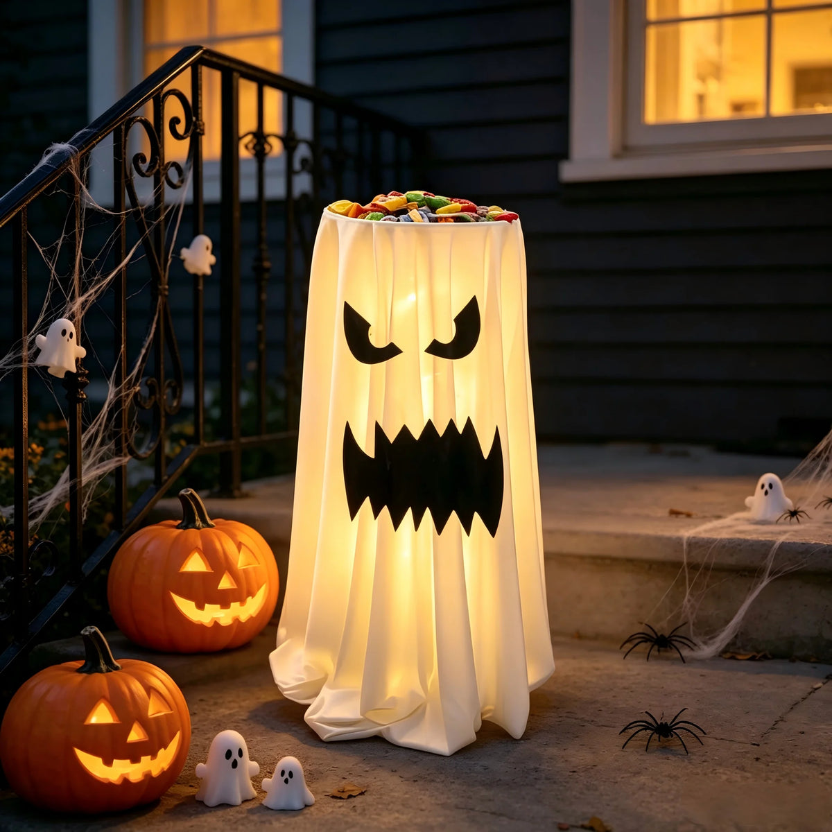31.5in Tall Halloween Ghost Candy Holder, Standing Ghost Treat Bowl, Spooky Ghost Fabric Candy Bucket for Front Porch Yard Outdoor Decor, Halloween Party Trick or Treat Candy Display Stand Decoration(Battery Not Included)