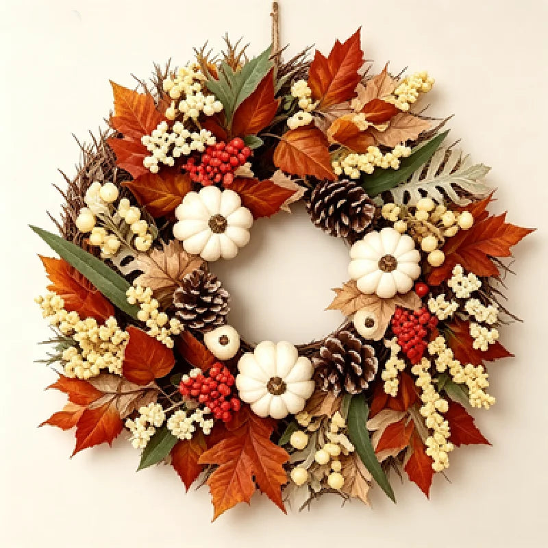 Thanksgiving Decor Wreath, 15.75 Inch Fall Wreath, Front Door Autumn Wreath with Pumpkins, Pinecones, Maple Leaves, Berries and Flowers, Harvest Wreath for Indoor Outdoor Home Decoration