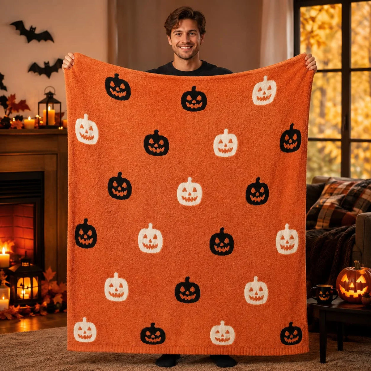 Snuggle Sac Halloween Throw Blanket Orange Pumpkin Blanket, Black Striped Halloween Throw Blanket for Couch 50x60 inches, Ultra Soft Decorative Striped Pumpkin Blanket