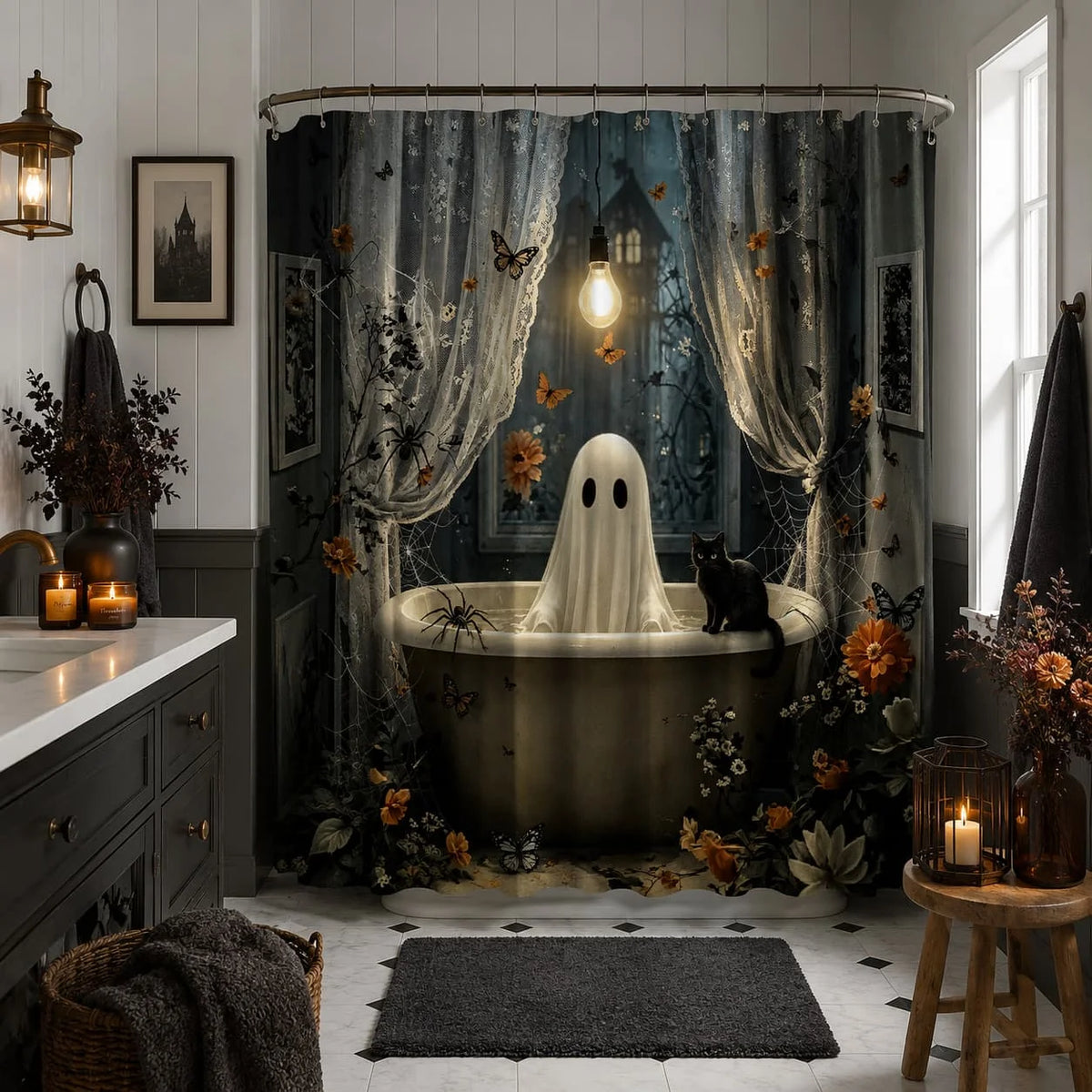 2D Flat, 1pc Shower Curtain, Gothic 2D Shower Curtain for Bathrooms, Includes a High-Quality 70.87 X 70.87inch Shower Curtain And 12 Durable Hooks. Bathroom Decor And Additions, Local Warehouse Items