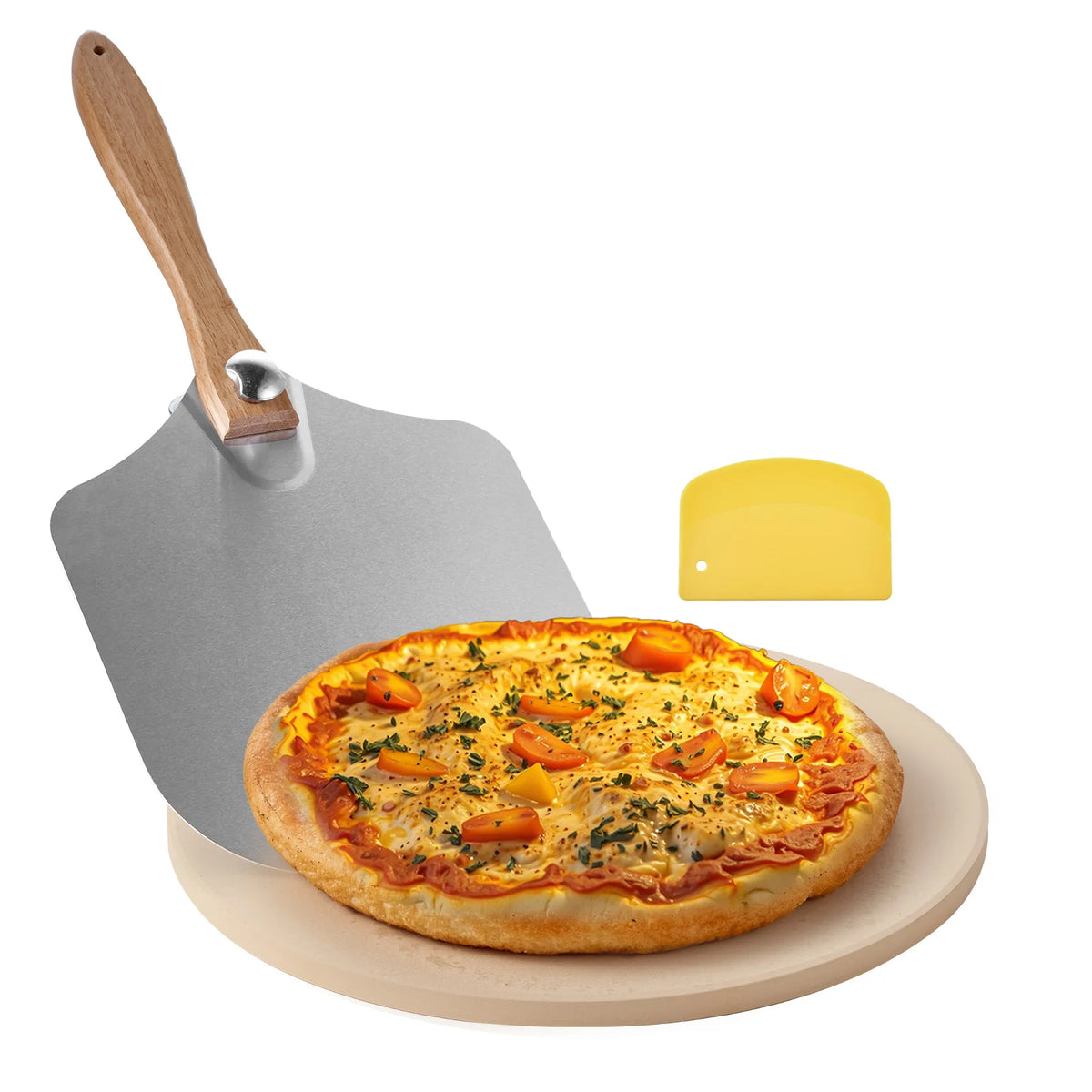 SucceBuy Pizza Stone 15 in Round 0.67 in Cordierite Baking Stone With Metal Peel Scraper 1450℉ Heat Resistant For Kitchen Oven