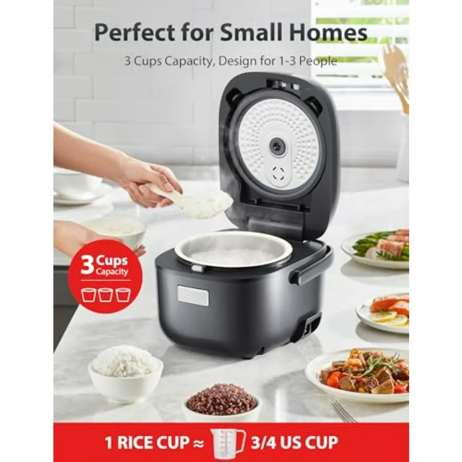 Small Rice Cooker, 3-Cup Uncooked, for 1-3 People, LCD Display, 8 Cooking Functions, Nonstick Inner Pot