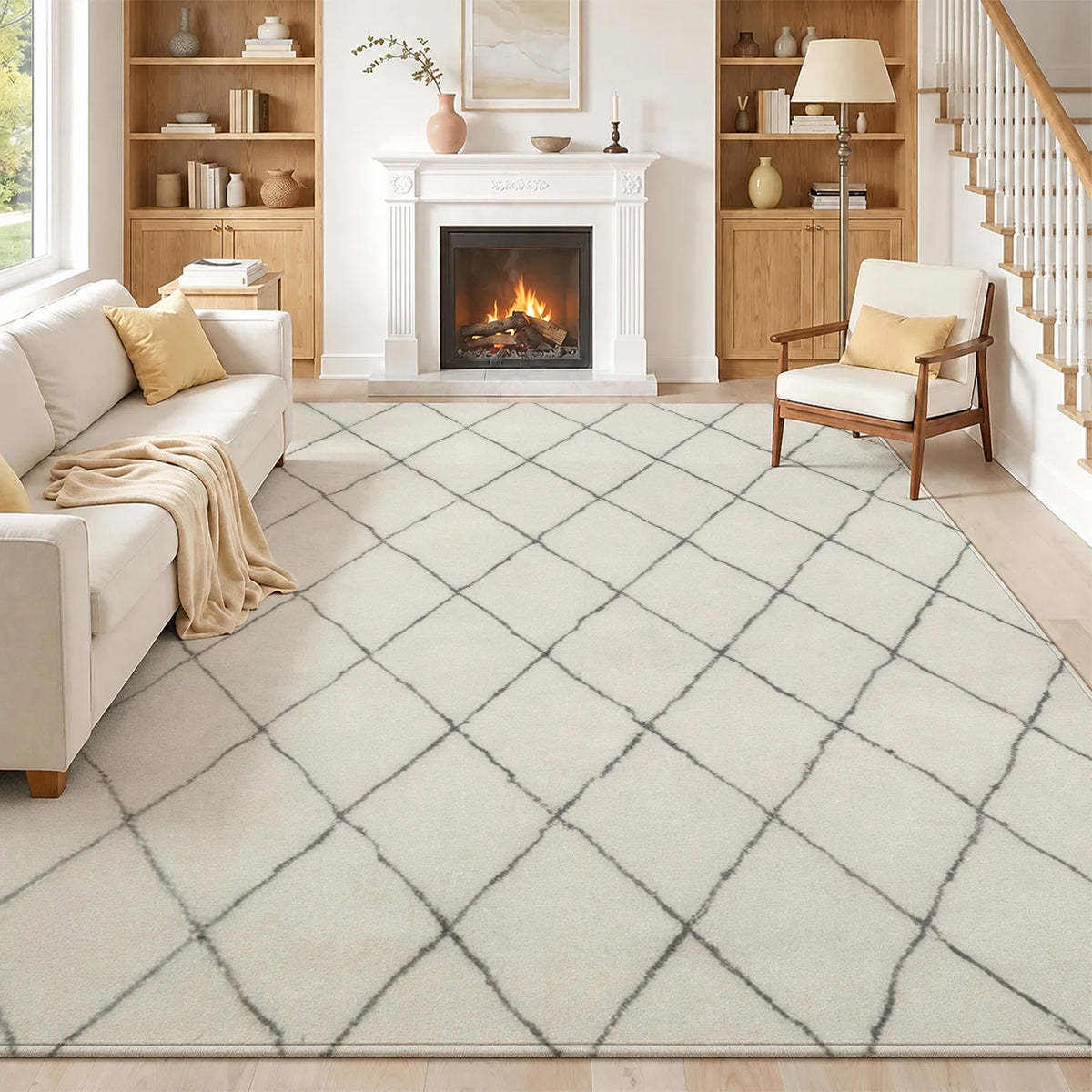 Large Indoor Area Rug, Soft Velvet Low Pile with Non-Slip Dotted Backing, Machine Washable, White Dark Gray Diamond Grid Pattern for Living Room, Bedroom Home Floor Decoration