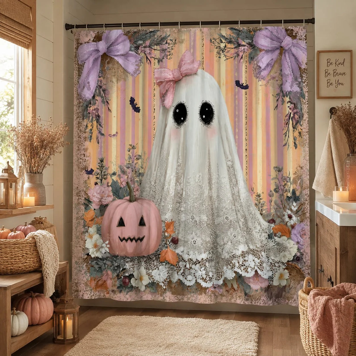 2D Flat, 1pc 2D Flat Halloween Ghost Shower Curtain Cute Lace Ghost with Pink Bow And Pumpkin Floral Theme Bathroom Decor Polyester Fabric Bath Hanging Curtain