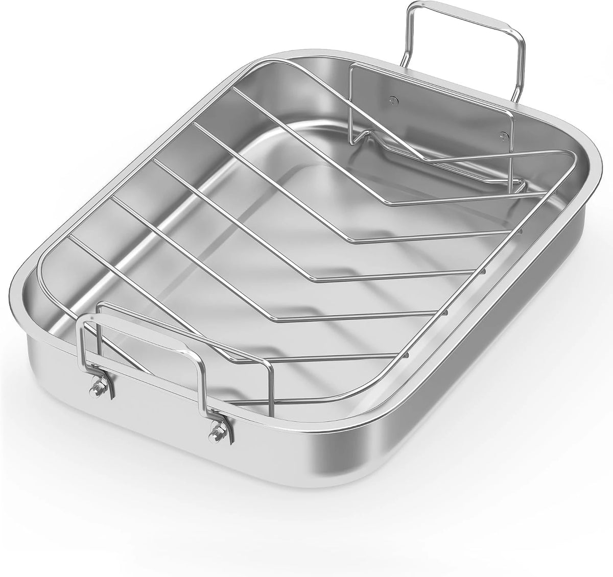 15.6'' Roasting Pan With V-Shaped Rack, Heavy Duty Non-Stick Stainless Steel Roaster For Turkey, Lasagna Pan With Handles