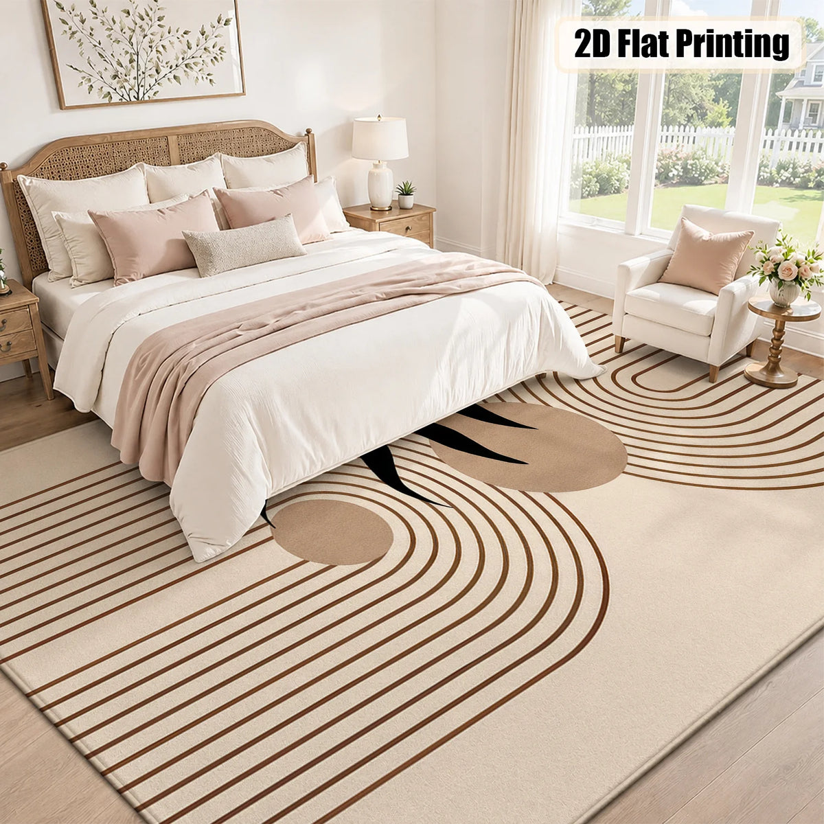 Large Indoor Area Rug, Soft Velvet Low Pile Rug with Non-Slip Dotted Backing, Machine Washable Modern Abstract Line & Black Leaf Pattern Neutral Beige Floor Mat for Living Room, Bedroom