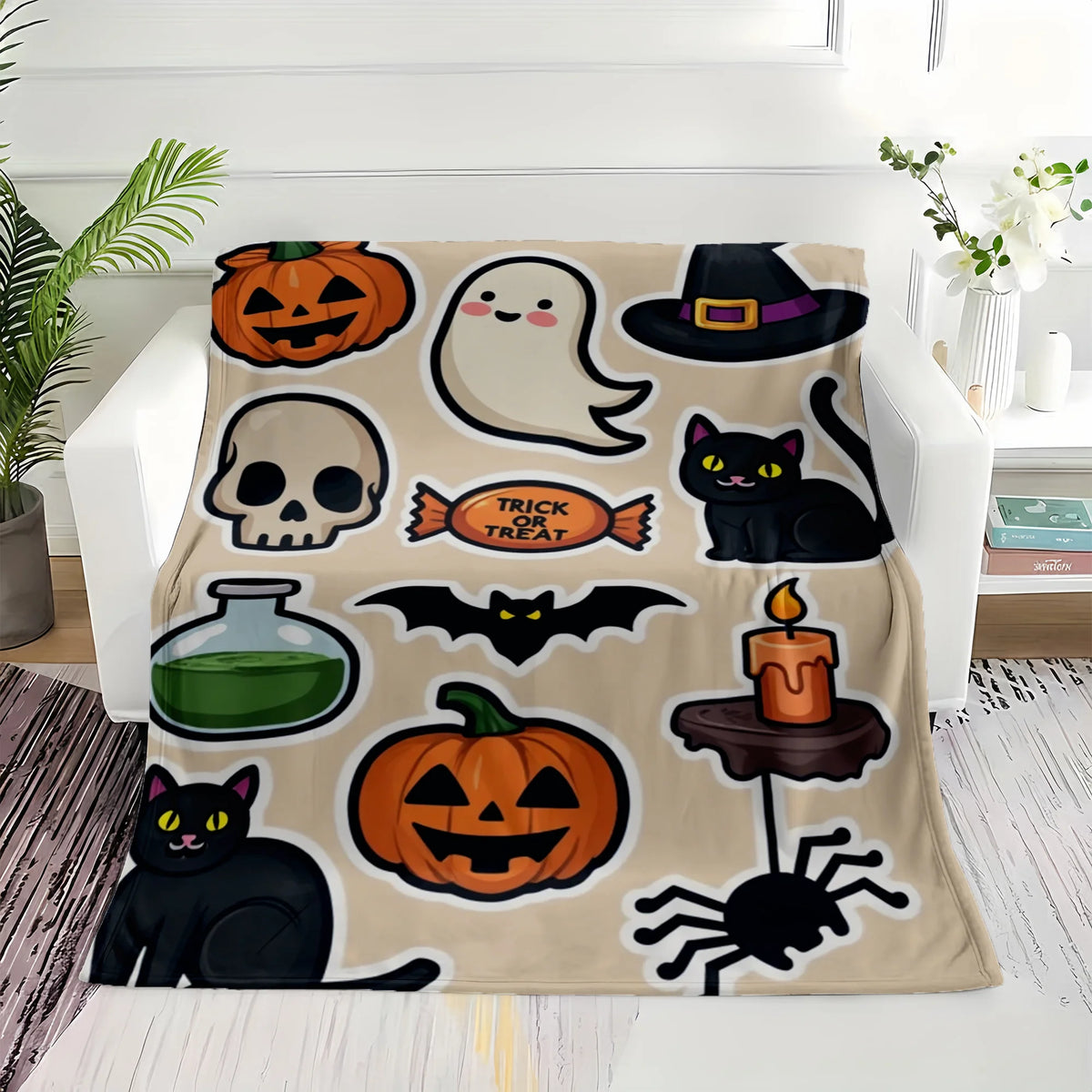 Halloween Cartoon Sticker Flannel Blanket, Festive Jack-O'-Lantern Ghost And Black Cat Pattern on Beige, Soft Warm All-Season Throw for Home Decor, Machine Washable Holiday Gift for Trick Or Treat Celebrations