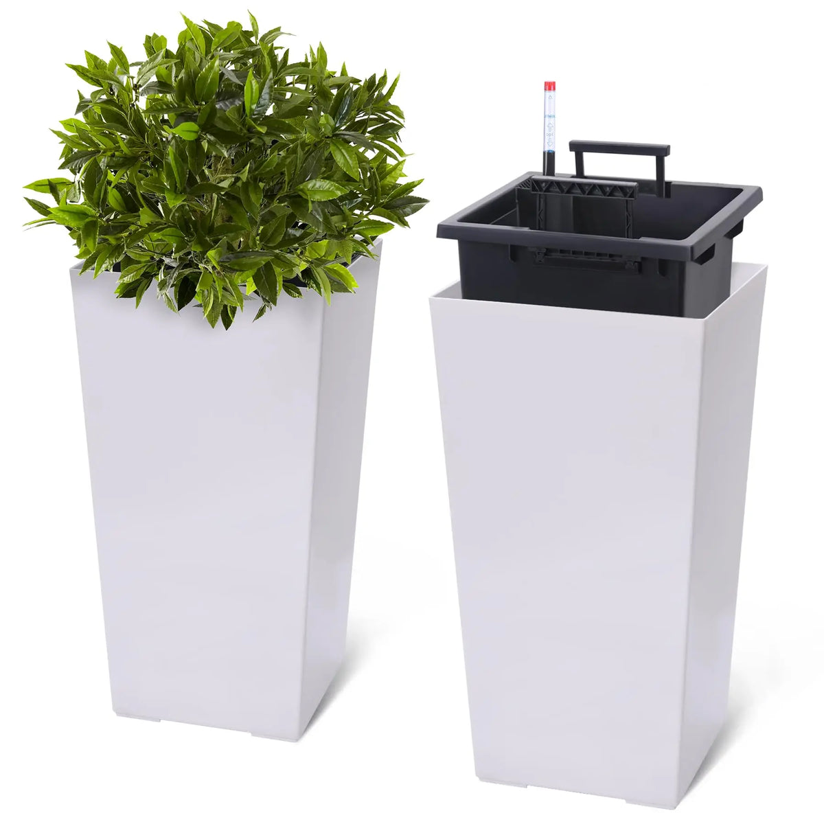 Tall Planters Set of 2, Outdoor＆Indoor Black Planter Pots, High Front Porch Planter Pots With Drainage Holes＆Water Level Monitor＆Inner Bucket, Automatic Watering