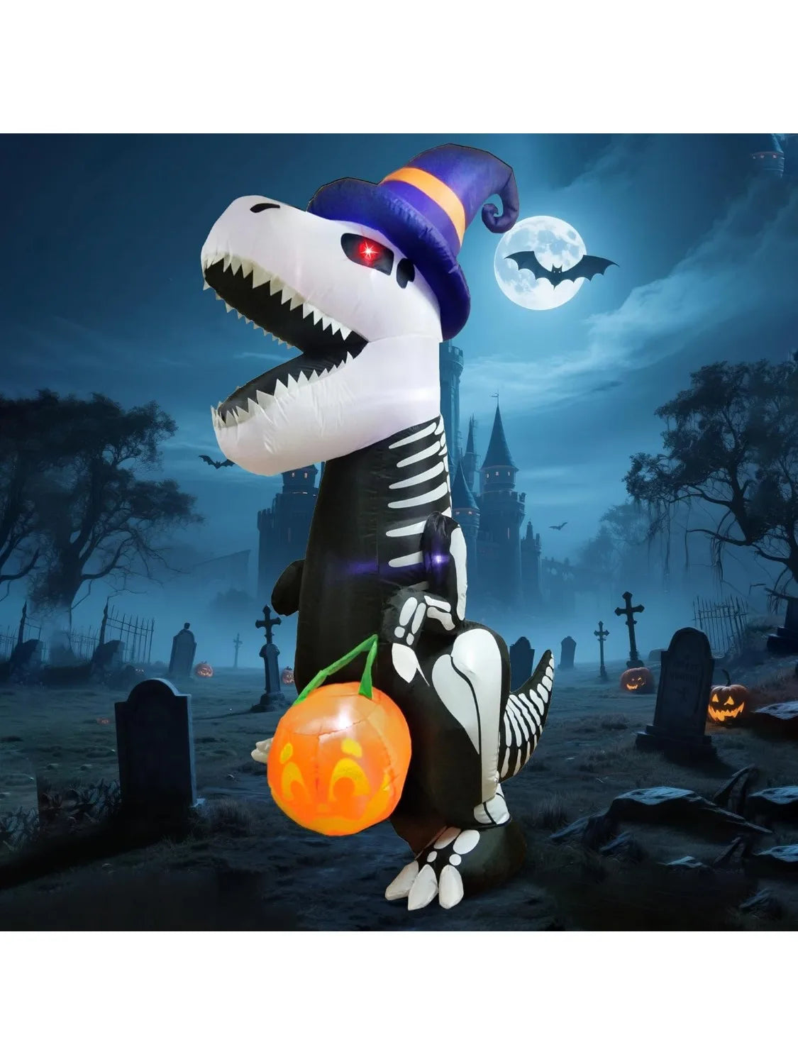 Halloween 8 FT Tall Skeleton Dinosaur Inflatables Outdoor Decorations Halloween Blow Ups for Yard, Inflatable Skeleton Dinosaur with Pumpkin for Outside Garden Decor