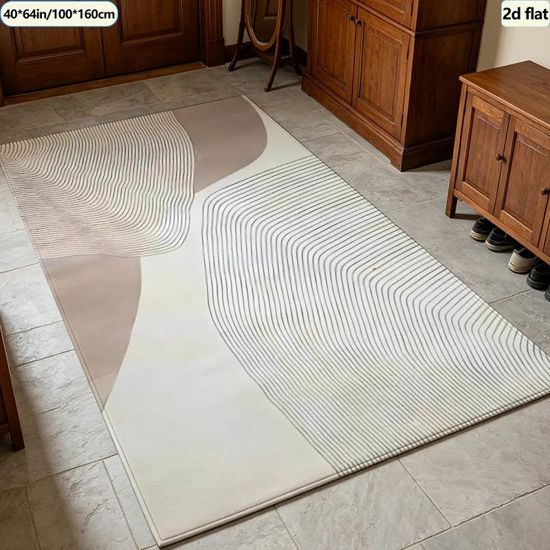 Neutral Beige Abstract Line Carpet Flooring, Mid-Century Curved Contour Geometric Area Rug Non-Slip Floor Mat for Living Room Apartment Home Decoration