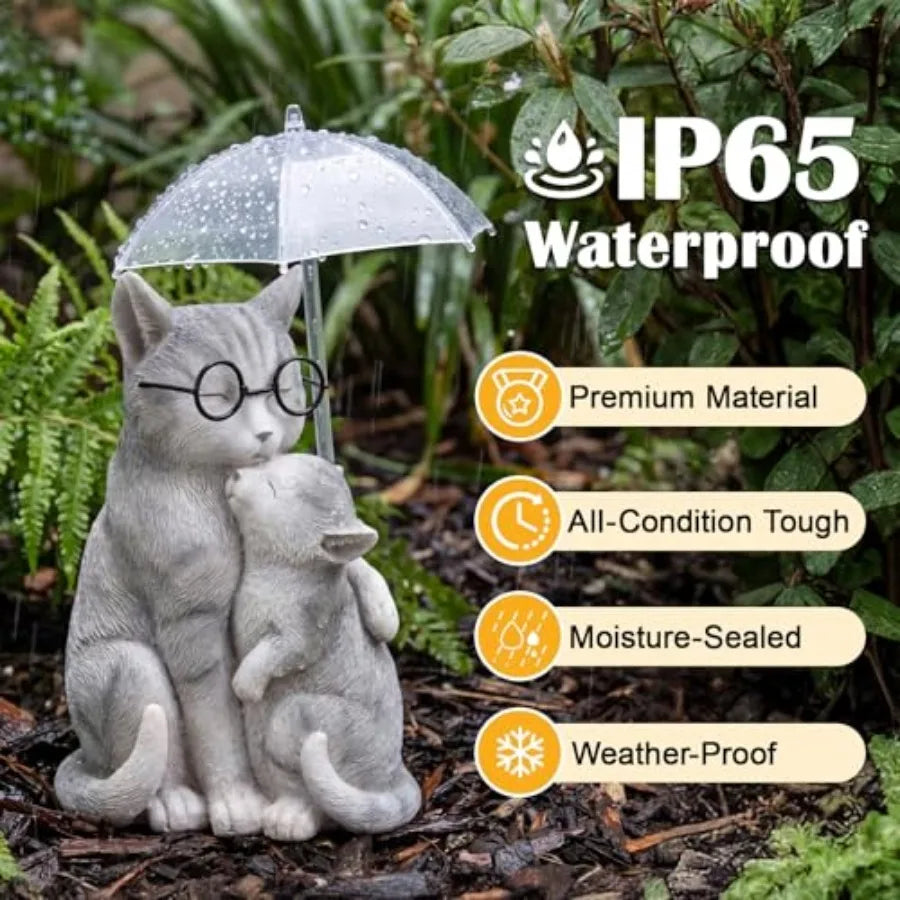 Solar Cat Statue Garden Decor, Mother and Baby Kitten with Umbrella LED Light, Loving Cat Figurines Yard Decorations Outdoor fo