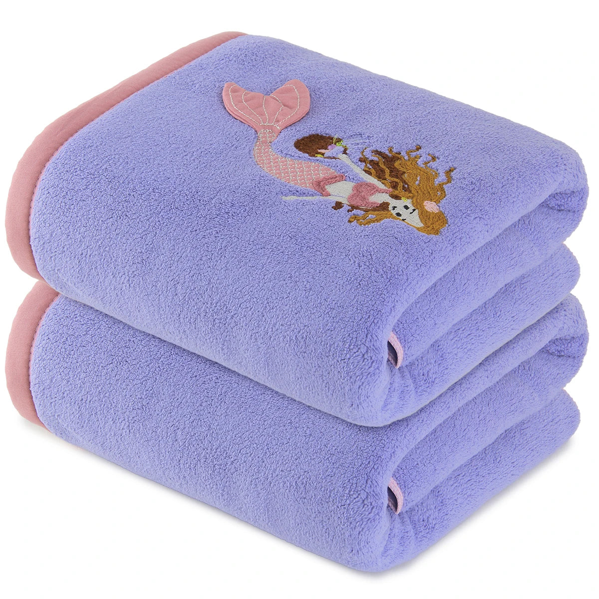 2‑Pack Coral Velvet Bath Towels, Mermaid Embroidered Pattern, Soft & Cozy, High Water Absorbency, Ideal for Bathing, SPA, Swimming, Yoga, Salon Use