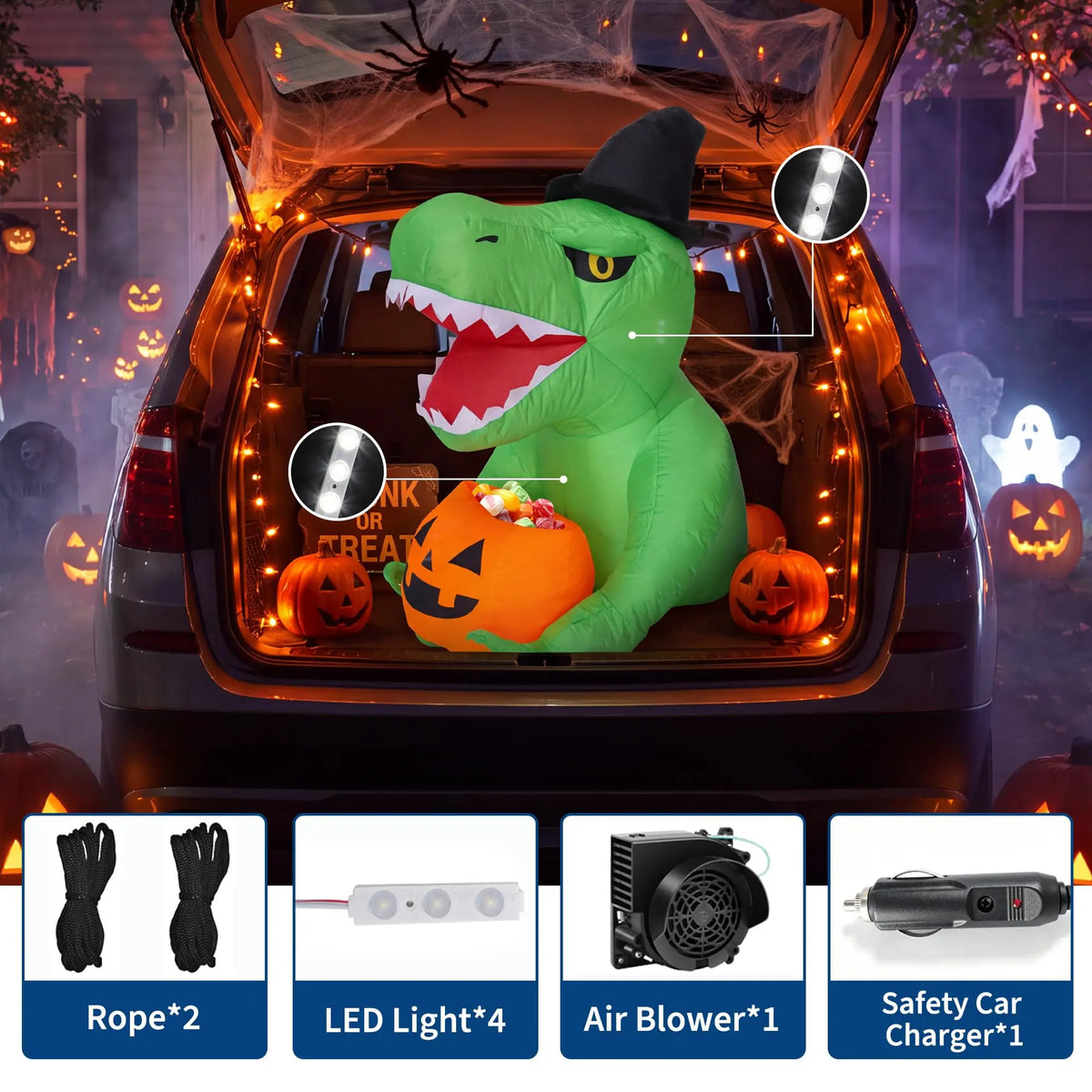 4.5ft Halloween Inflatable Dinosaur With Led Lights, Witch Hat Pumpkin Blow Up Outdoor Yard Lawn Car Trunk Or Treat Party Decor