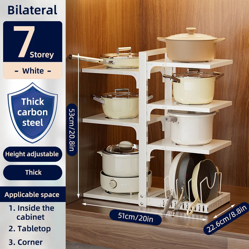 A Height-Adjustable 7-Layer Adjustable Stainless Steel Kitchen Storage Rack, Kitchen Storage Shelf, Multi-Layer Drain Organizer for Pots, Pans and Tableware, Painted Finish, Black, Kitchen Storage | Shelf, Kitchen Sink Under