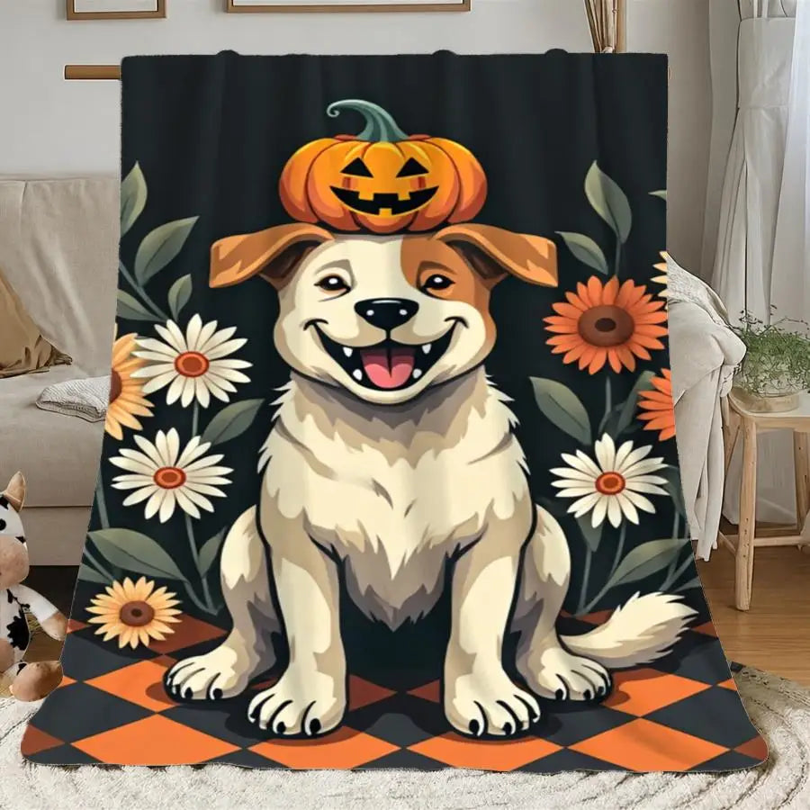 1pc 280GSM Cooling Flannel Throw Blanket, Halloween Design with Smiling Dog and Jack-o-lantern, Soft Skin-friendly Fluffy Fabric for Room, Sofa, Party, Indoor and Outdoor Use 2D Flat Weighted Blanket, 2D Flat