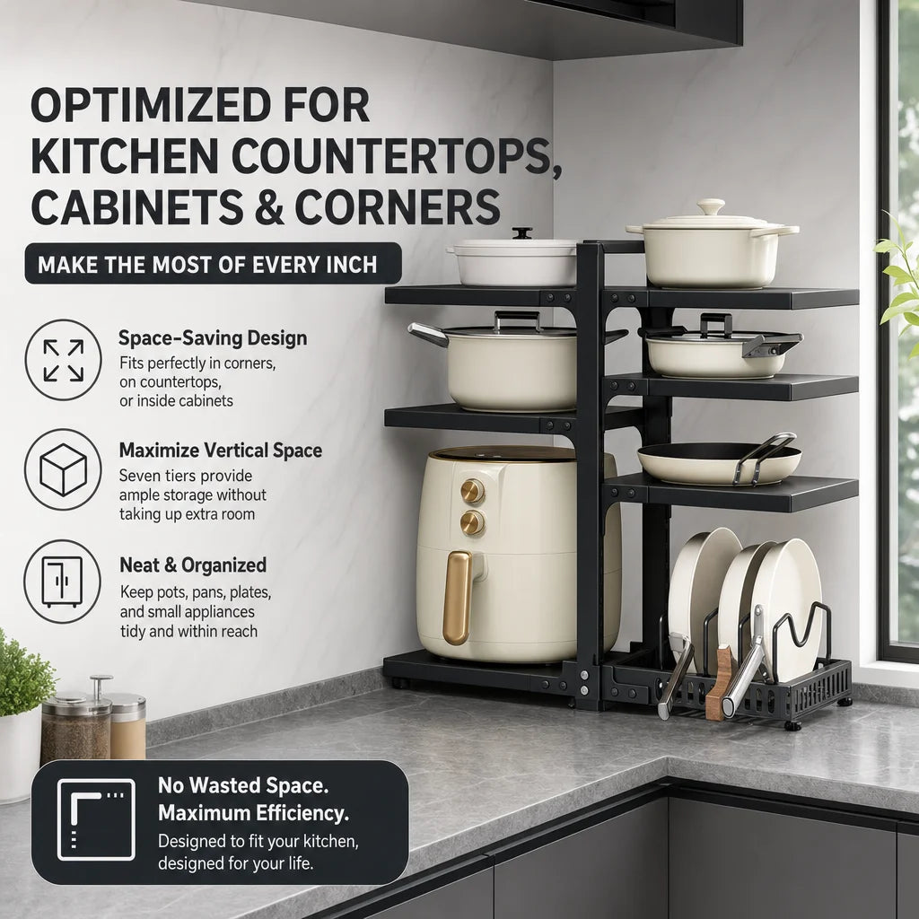 A Height-Adjustable 7-Layer Adjustable Stainless Steel Kitchen Storage Rack, Kitchen Storage Shelf, Multi-Layer Drain Organizer for Pots, Pans and Tableware, Painted Finish, Black, Kitchen Storage | Shelf, Kitchen Sink Under