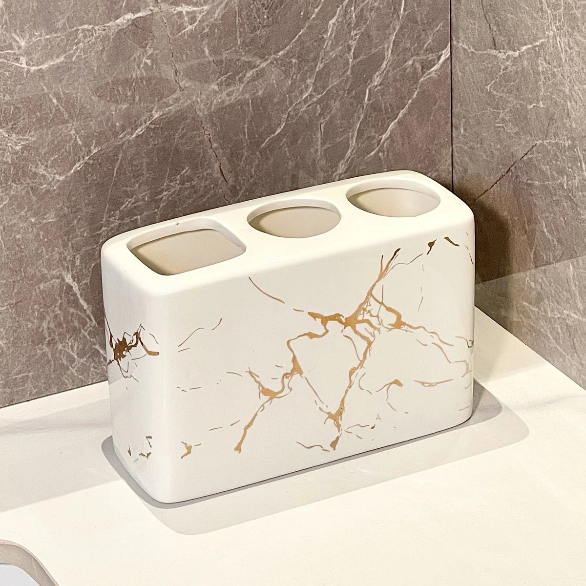 Ceramic Toothbrush Holder with Golden Marble End - 3-Slot Textured Bathroom Organizer, Rustproof Base for Countertop, Toothpaste And Brushes Storage Set