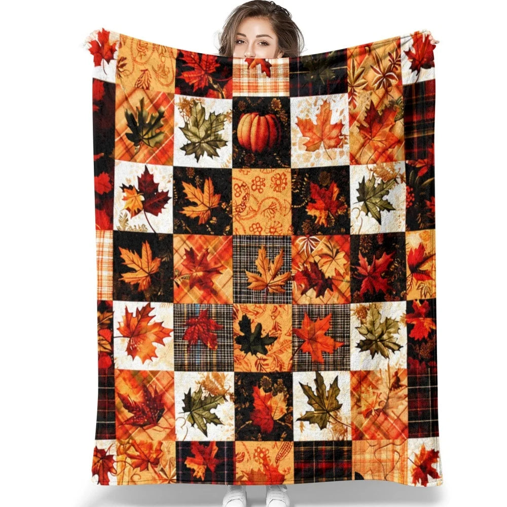 Fall Harvest Maple Leaf Pumpkin Plaid Patchwork Flannel Blanket Soft Warm Fleece Throw Blanket Thanksgiving Decor Gift