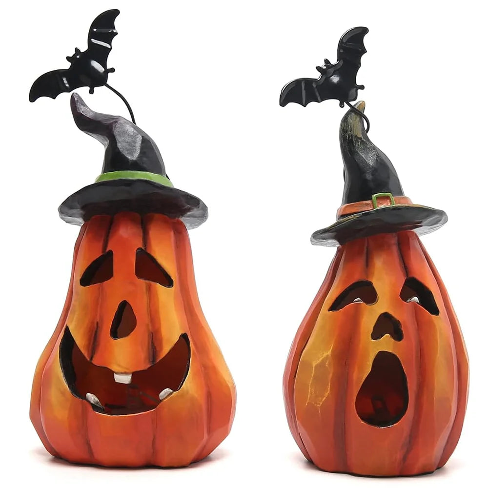 Hodao Resin Halloween Pumpkin Figurine Set, 2-Piece LED Light Up Jack-o'-Lantern Decor with Witch Hat & Black Bat Accents, Spooky Glowing Tabletop Figure Model for Shelf Mantel Display, Collectible Fall Seasonal Home Decorati