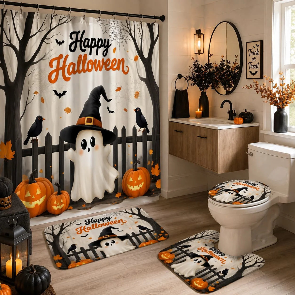 4pcs Halloween-Themed Shower Curtain Set Featuring Adorable Ghost Designs, Complete with Spooky Cartoon Ghosts, Bats, Pumpkins, And a Crow.This Fabric Shower Curtain Comes with a And 12 Hooks, Perfect for Bathroom Decor And A