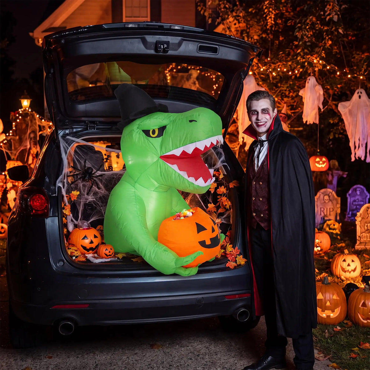 4.5ft Halloween Inflatable Dinosaur With Led Lights, Witch Hat Pumpkin Blow Up Outdoor Yard Lawn Car Trunk Or Treat Party Decor