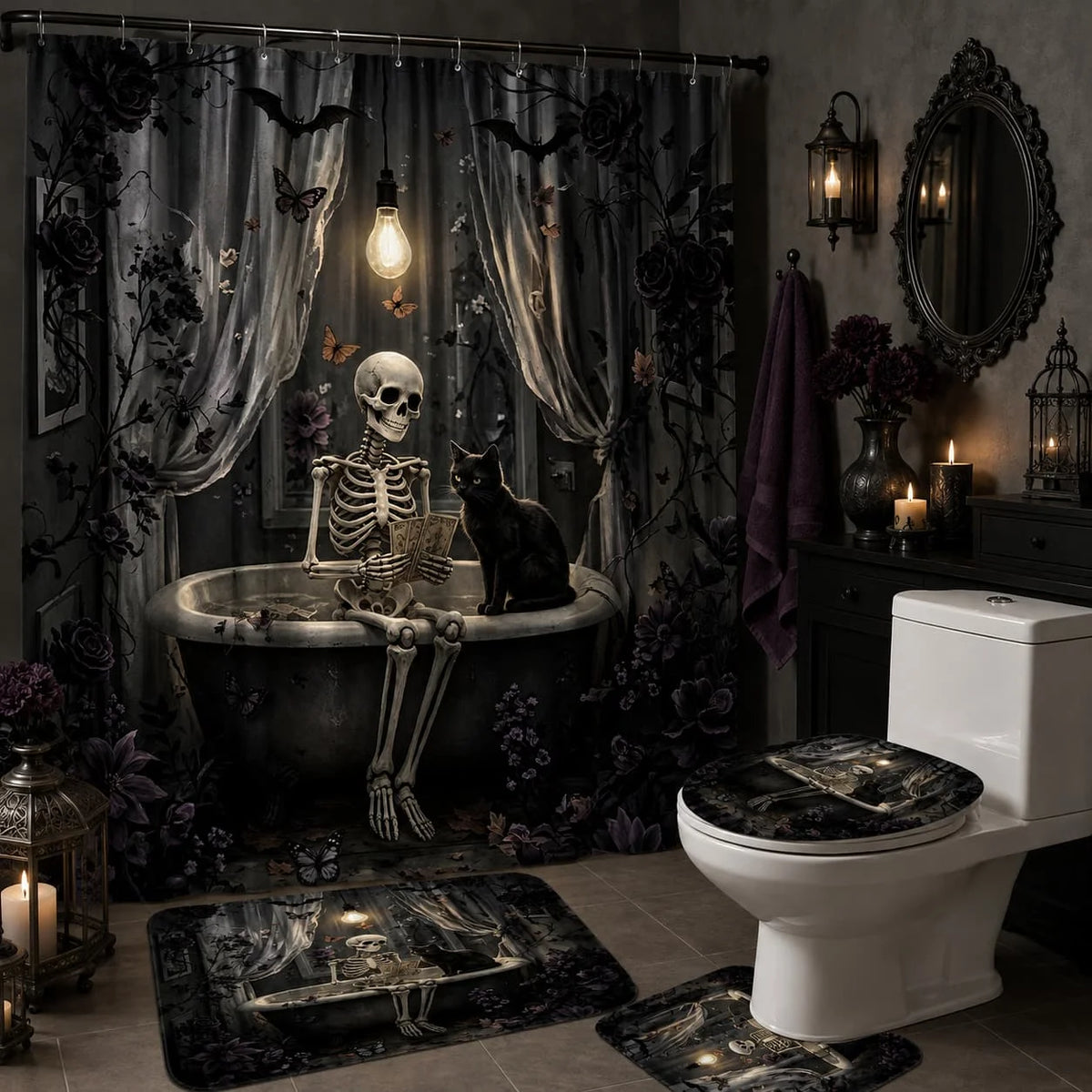 2D Flat, 4pcs Gothic 2D Bathroom Set, High-Quality Bathroom Decorations And Additions Including Non-Slip, U-Shaped, Toilet Seat, And Shower Curtain with 12 Hooks