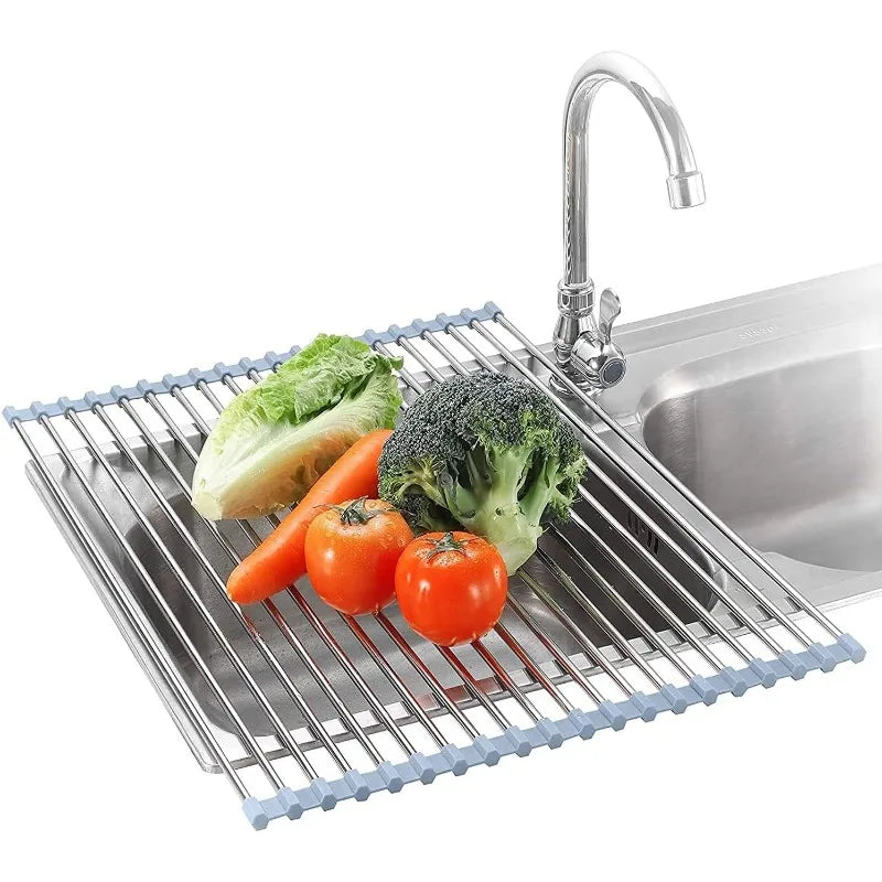 Roll Up Dish Drying Rack, Over the Sink Dish Drying Rack Kitchen Rolling Dish Drainer, Foldable Sink Rack Mat Stainless Steel Wire Dish Drying Rack for Kitchen Sink Counter Storage 17.5x11.8
