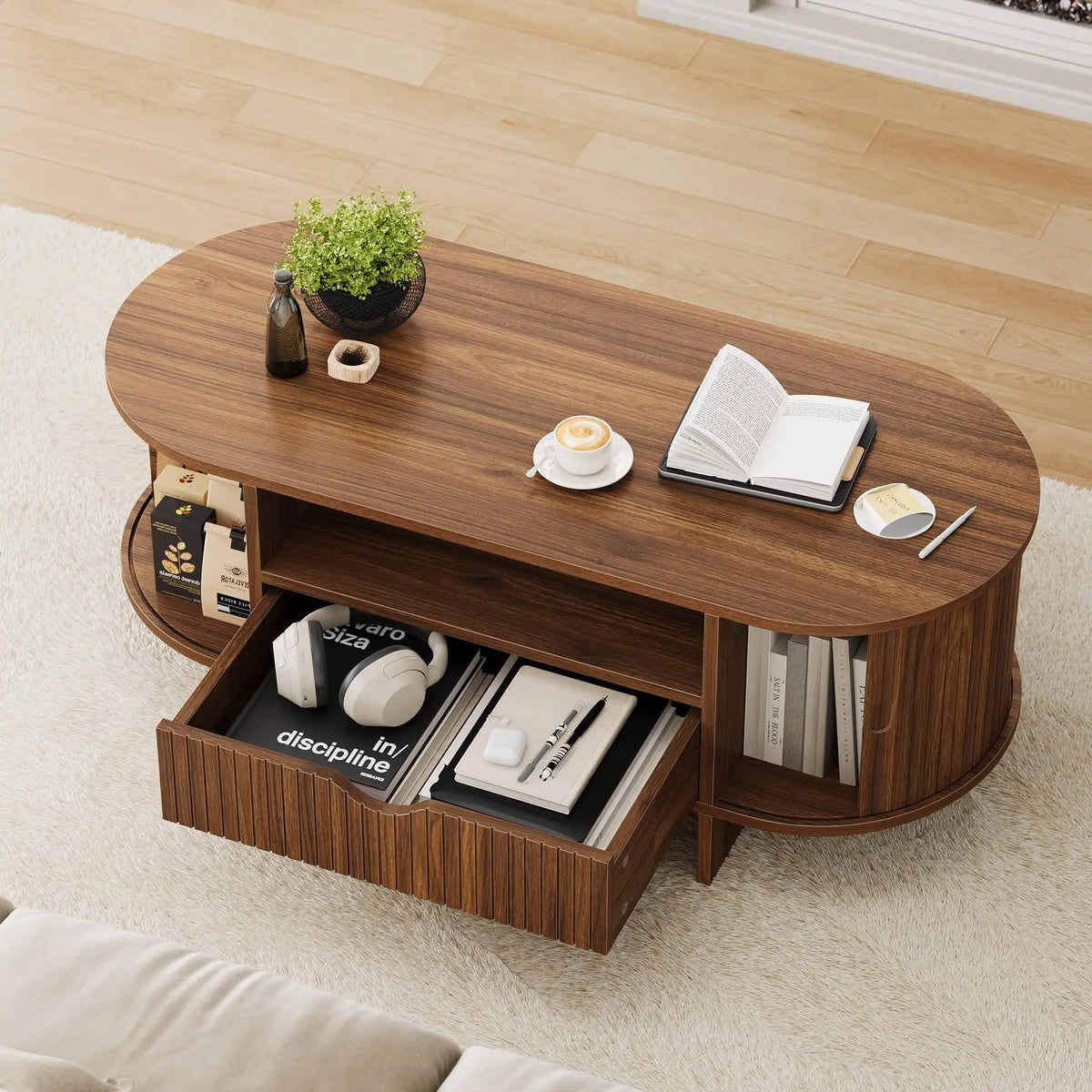 HiMISS Modern Fluted Oval Coffee Table With Storage Cabinet