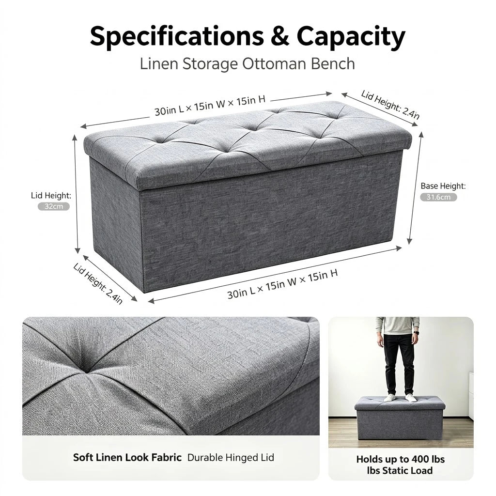 Folding Storage Ottoman Bench and Cube, Gray Tufted Fabric Storage Chest Footrest Seat with 400 lb Capacity for Bedroom Entryway Living Room, Multiple Sizes