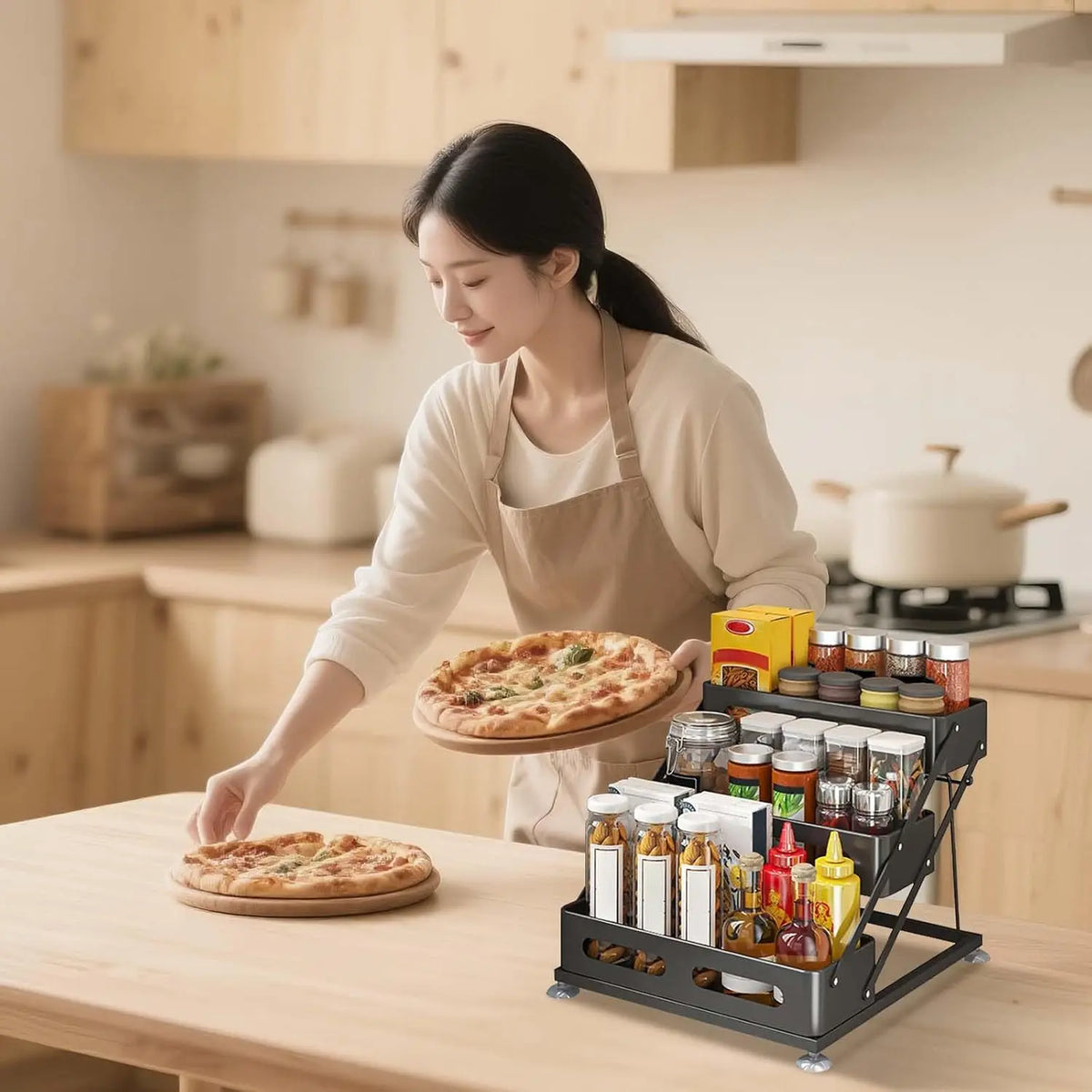 3-Tier Foldable Spices Rack, Adjusted Height 10-10.8Inch Carbon Steel Tiered Spice Rack with Non-Slip Suction Cups,Space-Saving Spice Rack Organizer for Cabinet