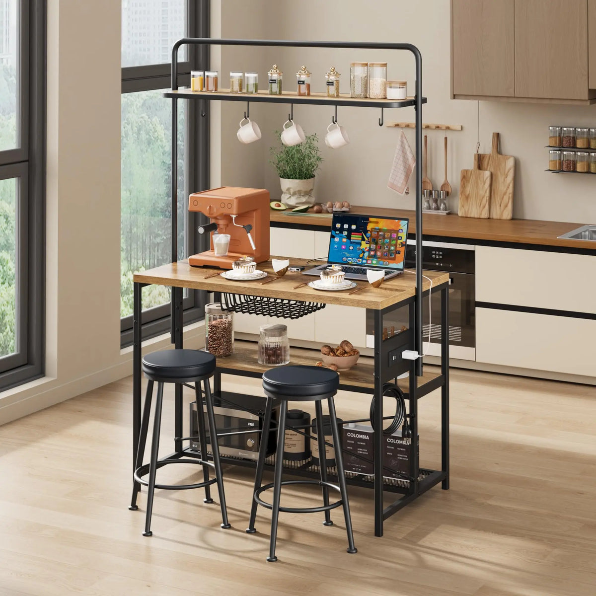 Industrial Kitchen Island Dining Table with Power Outlet: Includes 2 Bar Stools, 3-Tier Storage Shelves, 5 Hooks & Microwave Stand, Multifunctional Coffee Bar for Dining Room, Living Room