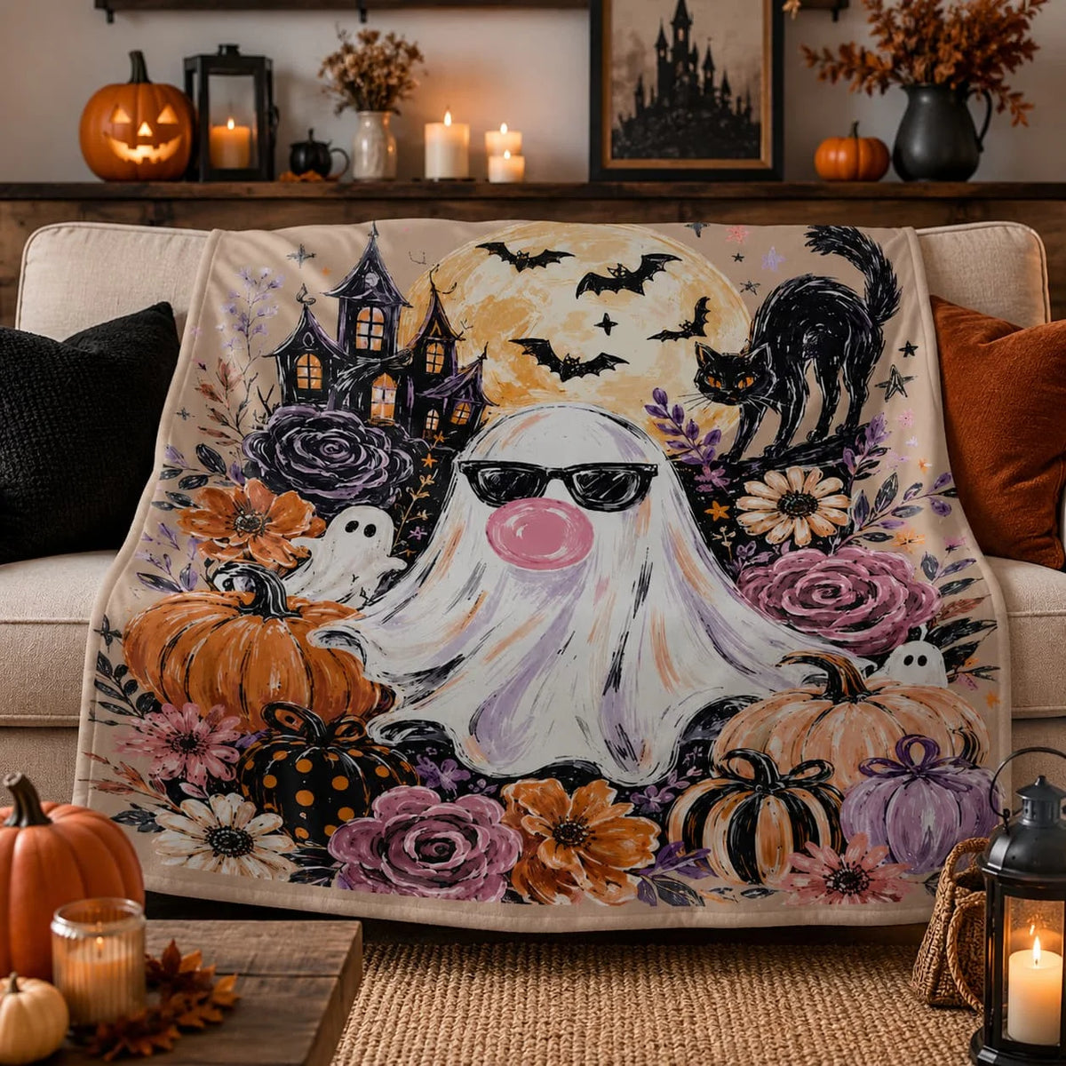 Ghost Blowing Bubble Gum Blanket, Cute Halloween Blanket, Girly Haunted House Throw, Brushstroke Floral Fall Blanket, Spooky Gift