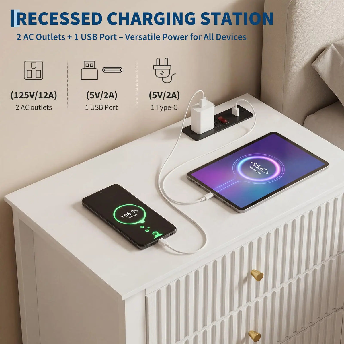HiMISS Fluted Wooden Nightstand Featuring Charging Station And Drawers