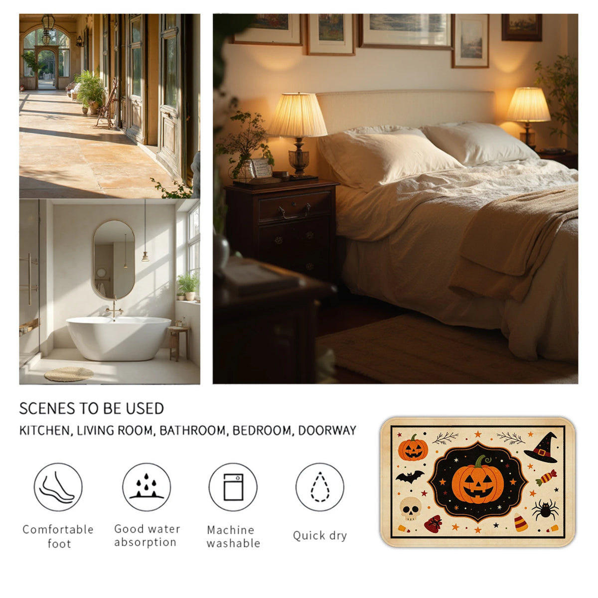Halloween Pumpkin Ghost Carpet Flannel Non-slip Floor Mat Kitchen Bathroom Dinning Live Room Sofa Bedside Rugs Doormat Trick Or Treat Party Supplies Home Decor Welcome Mats