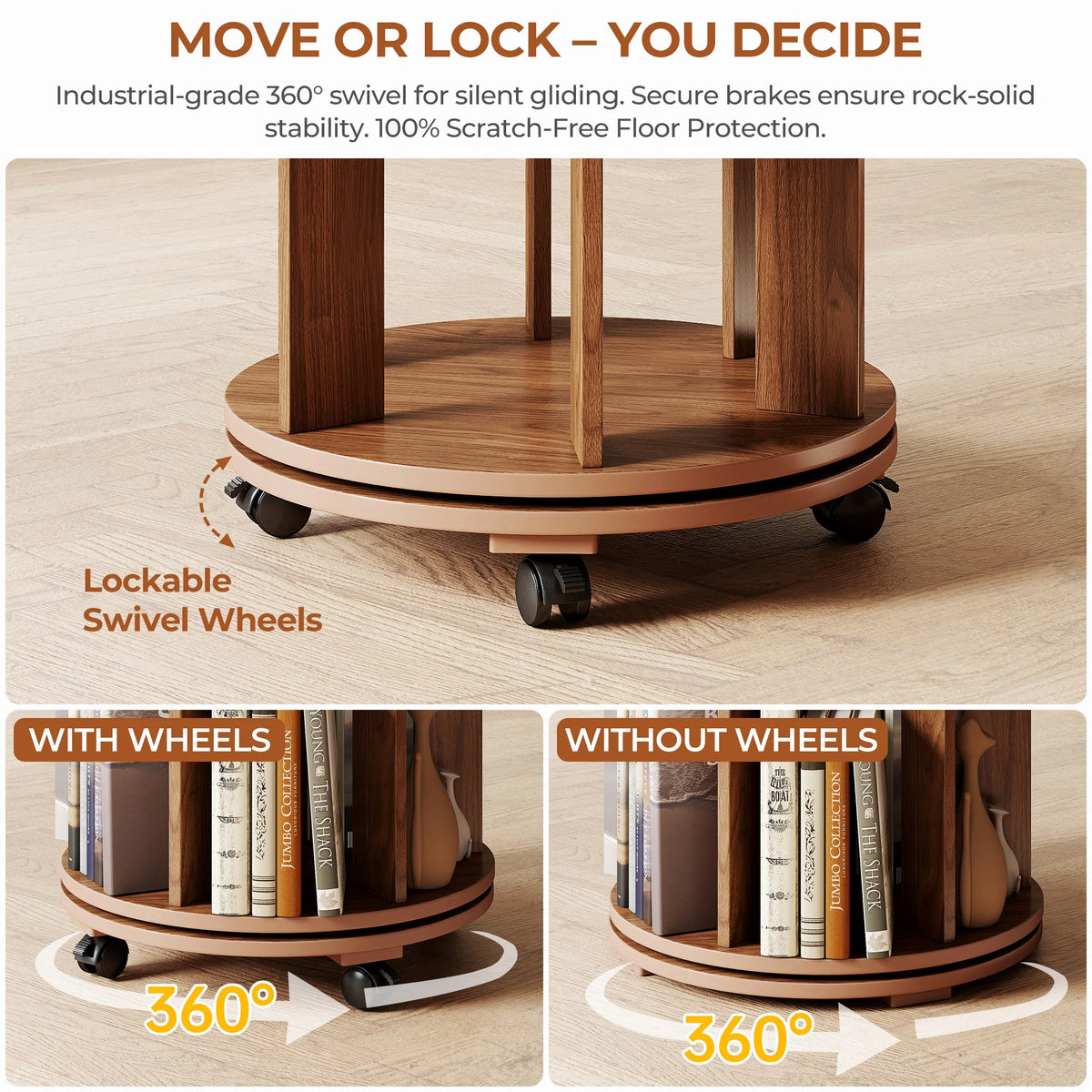 Walnut Wood Rotating Bookshelf on Wheels 360° Spinning Round Bookcase Organizer for Small Spaces Bedroom Kids Room Home Office