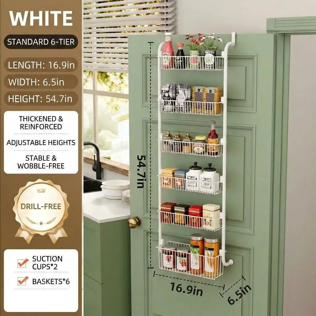 6 Tier Over the Door Pantry Organizer, Heavy Duty Metal Hanging Kitchen Storage Rack, Door Mount Spice Rack for Pantry Door Kitchen Bathroom