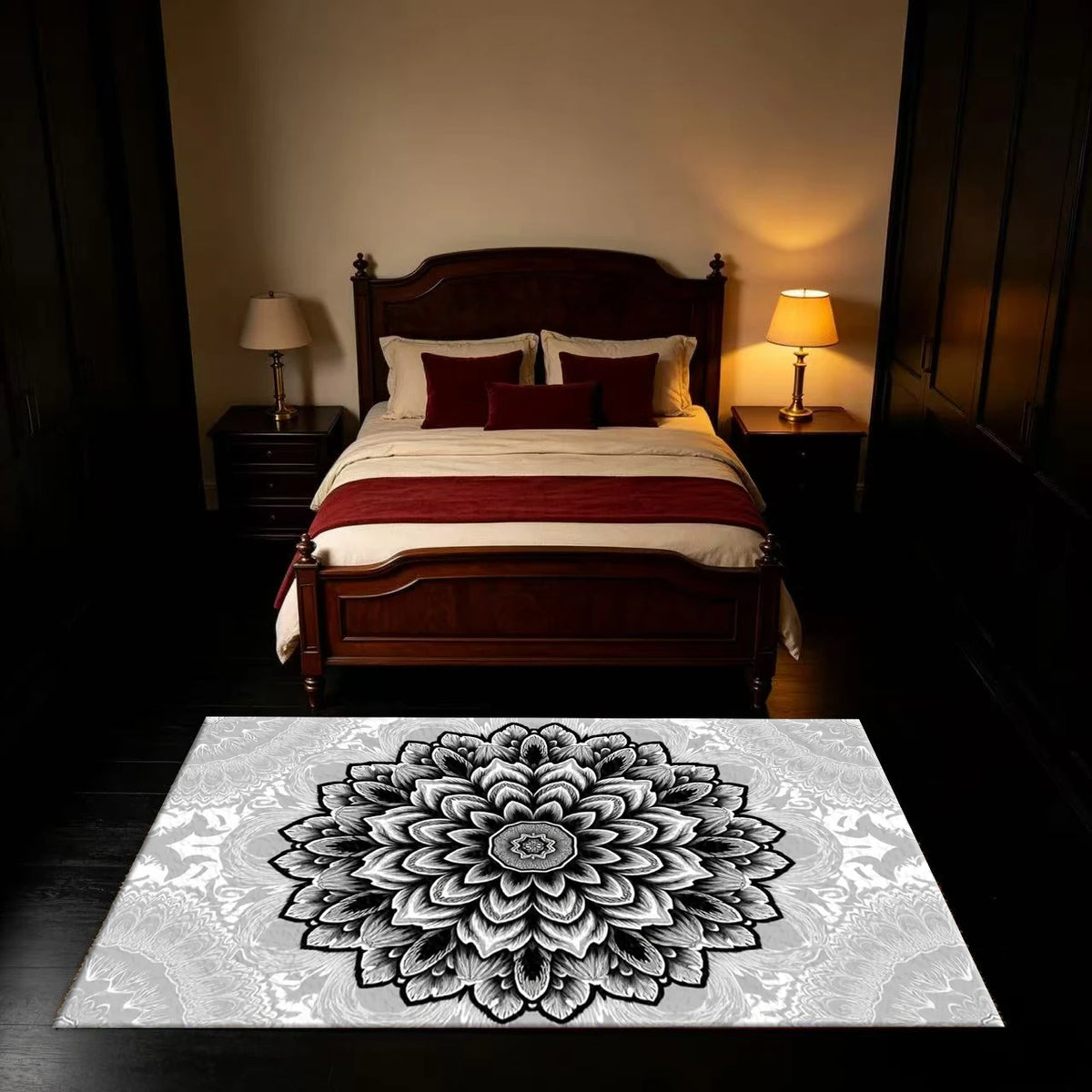 Black and White Gray Mandala Floral Pattern Carpet Floor Non-Slip Mat