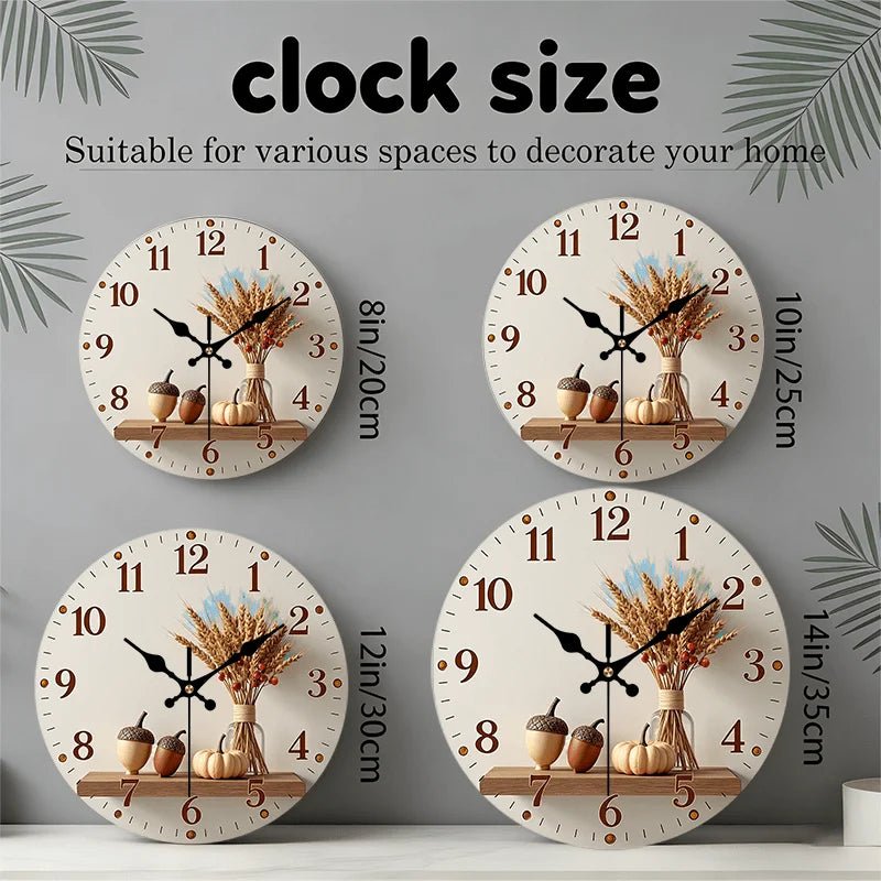 2D Flat. 1pc, Autumn Harvest Theme Wooden Wall Clock Silent Round Timepiece, Perfect Decor for Bedroom, Living Room, Office, Kitchen, And Bathroom, 12-Inch (AA Battery Not Included)
