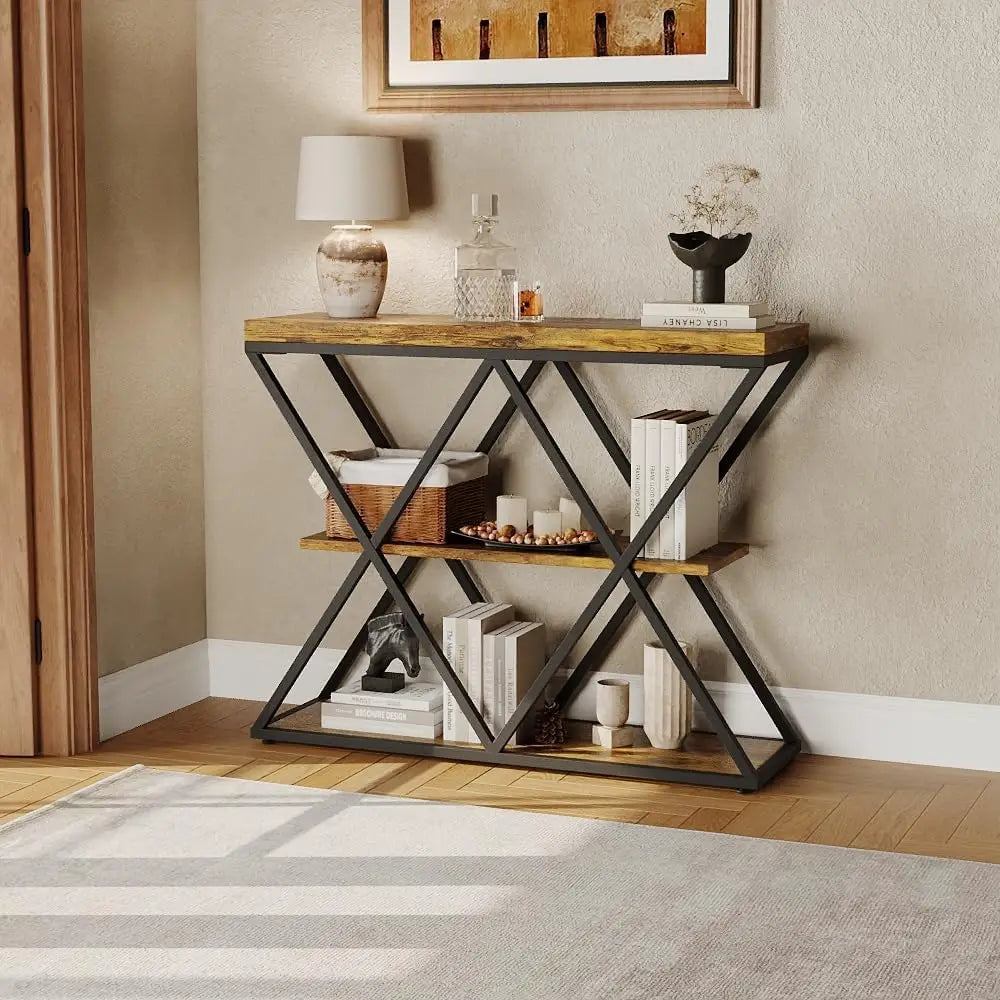 3-Tier Console Table, Slim Entryway Sofa Table with x-Shaped Metal Legs, Open Storage Shelves, for Living Room/Hallway, Rustic Farmhouse Style