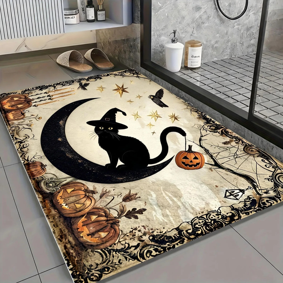 1pc 2D Flat Halloween Bathroom Mat Microfiber Non-slip Mat, Wicked Witch Pattern, Imitation Cashmere Material, Machine Washable, Halloween Decoration, Suitable for Kitchen, Bathroom, Shower, Can Be Given as a Gift, 2D Flat