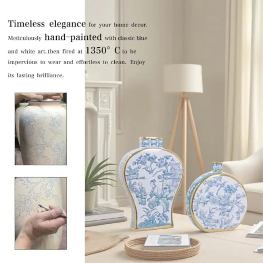 Blue and White Hand-Painted Ceramic Bud Vase with Gold Rim - Antique Chinese Porcelain for Home Decor Table Centerpieces in Liv