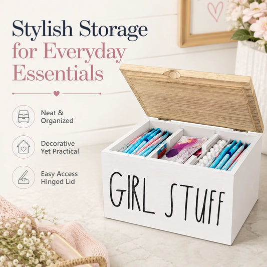 Wooden Period Organizer Box with Lid, Divided Sanitary Napkin Storage Container, "Girl Stuff" Bathroom Drawer Caddy for Tampons, Pads, Feminine Hygiene Products