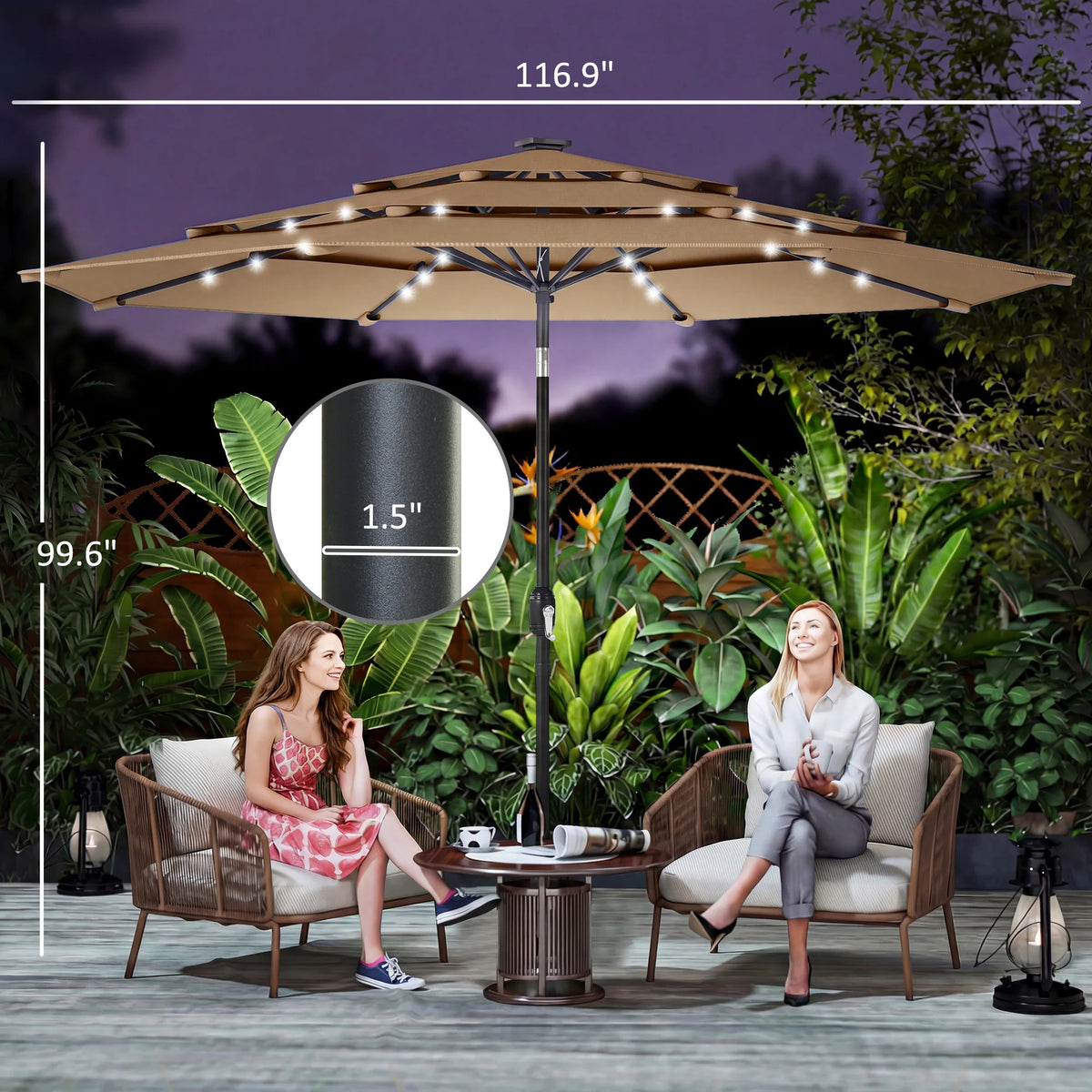 9.7 ft Outdoor Patio Umbrella with Lights, Khaki