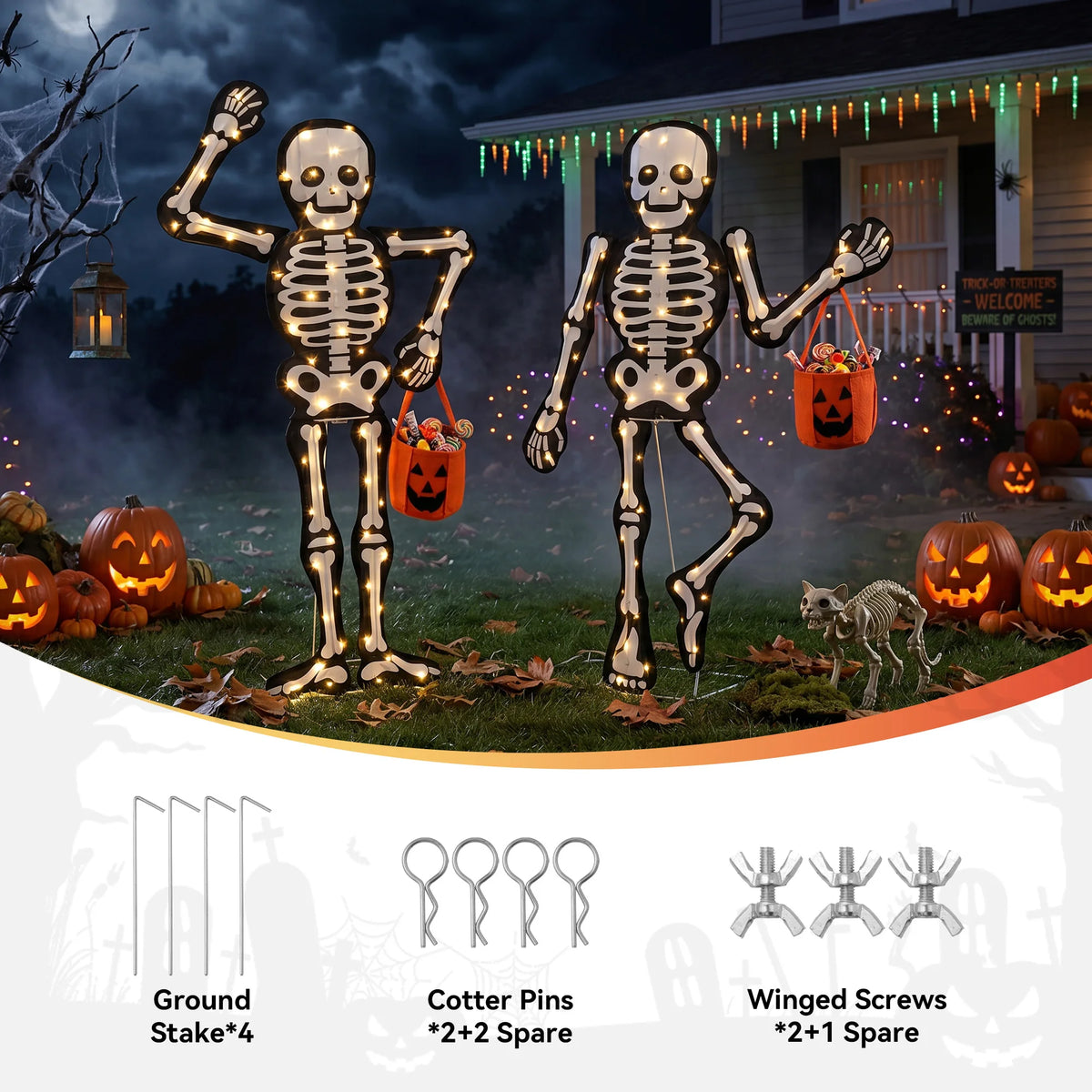 45" H 2-Piece Skeleton Lights Set 2.5D Outdoor Halloween Decorations