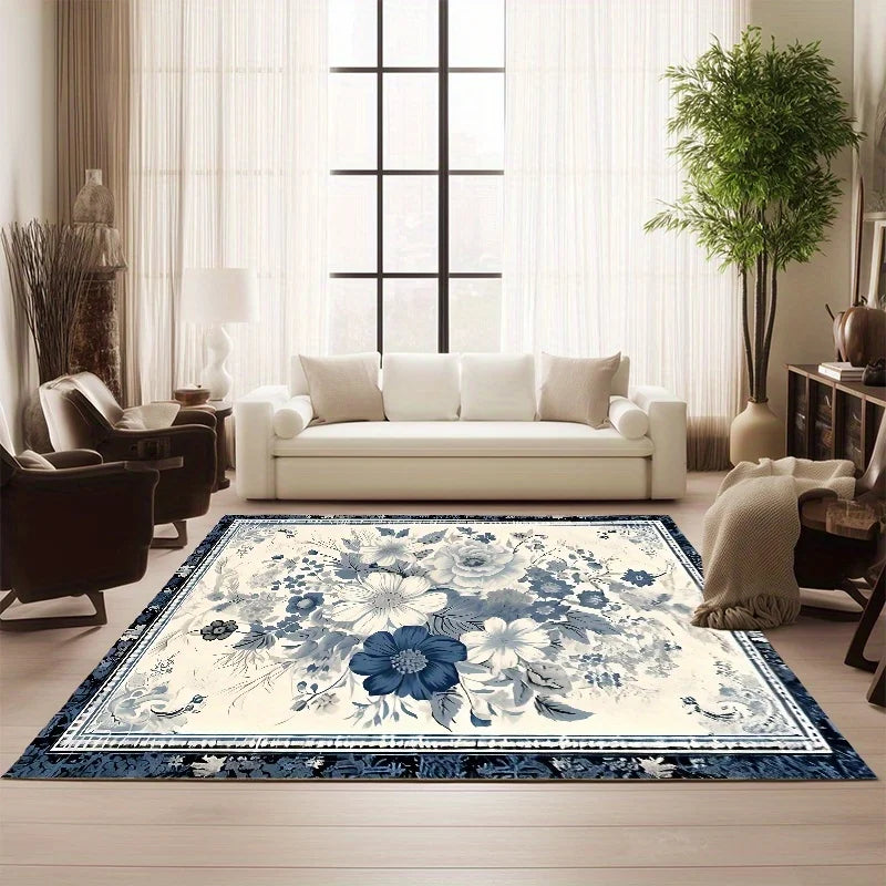 Luxurious High-End Blue And White Floral Pattern  Floor Mat, Elegant Design, Comfortable And Beautiful, Suitable for Bedrooms And Living Rooms